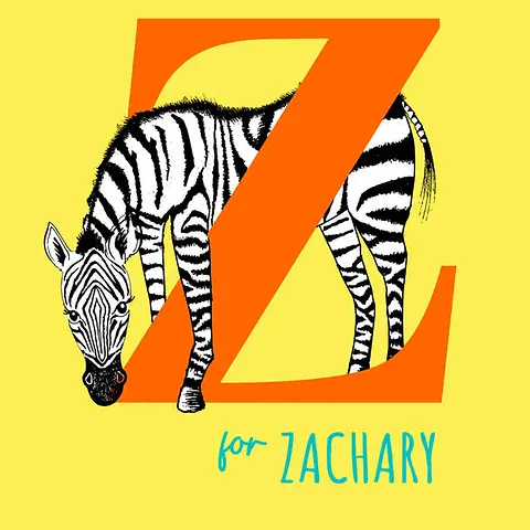 Playful Card by Little Sketch Studio -  of a zebra next to a large orange "Z," with "for" in a bright turquoise color, all against a lively yellow background