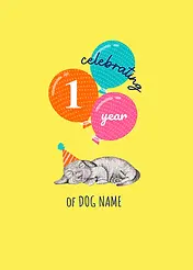 Playful Card by Little Sketch Studio - Illustrates a cute dog in a party hat, beneath three colorful balloons, with the phrase "celebrating", all on a cheerful yellow canvas