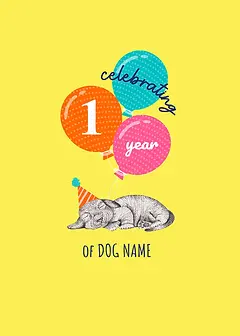 Playful Card by Little Sketch Studio - Illustrates a cute dog in a party hat, beneath three colorful balloons, with the phrase "celebrating", all on a cheerful yellow canvas