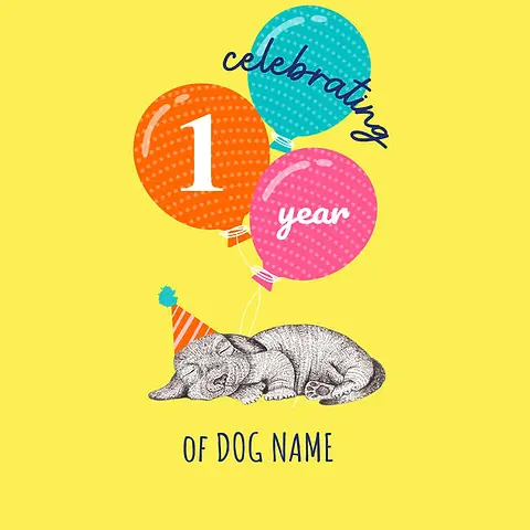 Playful Card by Little Sketch Studio - Illustrates a cute dog in a party hat, beneath three colorful balloons, with the phrase "celebrating", all on a cheerful yellow canvas