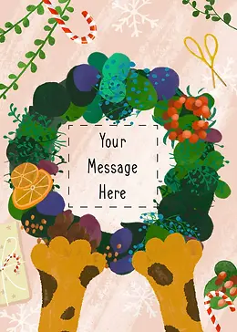 Customisable Cheerful Card by Esther Illustration - A vibrant wreath filled with fruits and leaves, anchored by animal paws, creating a whimsical holiday vibe against a pastel pink backdrop