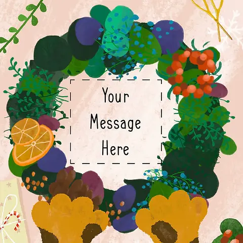 Customisable Cheerful Card by Esther Illustration - A vibrant wreath filled with fruits and leaves, anchored by animal paws, creating a whimsical holiday vibe against a pastel pink backdrop