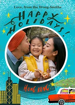 Joyful Christmas Card  by Erin Hung Studio - Featuring the text "HAPPY HOLIDAYS!" in bold lettering, with a bright turquoise background, iconic Hong Kong skyline, and a colorful taxi