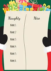Customisable Playful Card by Naughty Nights - illustration of a checklist titled "Naughty" and "Nice," complete with empty fields for names, held by cartoonish Santa hands against a backdrop of colorful presents
