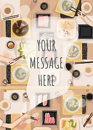 Vibrant Card by Suison Ma -  Depiction of a dining table filled with various Asian cuisine items, including hot pot and sushi, with hands actively participating in the meal