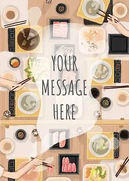 Vibrant Card by Suison Ma -  Depiction of a dining table filled with various Asian cuisine items, including hot pot and sushi, with hands actively participating in the meal