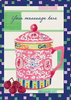Customisable Whimsical Card by Studio Chanpei - Bright pink teacup, delicate blue patterns, and juicy lychees, surrounded by a lively checkerboard frame