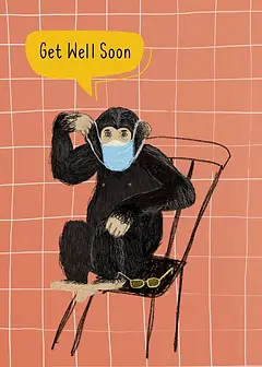 Cheerful Card by Esther Illustration - A sitting monkey wearing a face mask, with a speech bubble saying "Get Well Soon," against a textured orange background