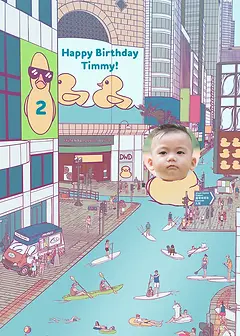 Playful Card by DWD - Features a lively waterfront filled with kayakers and paddleboarders, against the backdrop of vibrant advertisements and whimsical rubber duck imagery