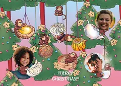 Playful Card by DWD - illustration of several monkeys interacting with holiday-themed decorations while hanging from colorful trees, surrounded by cookies and festive elements