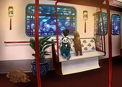 Playful Card by DWD - illustration of a cozy train compartment featuring a child holding a plush panda, accompanied by two dogs, creating a sense of companionship and comfort