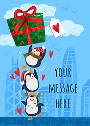 Box of Hope Christmas card featuring a trio of festive penguins stacked atop each other holding a large holiday gift.