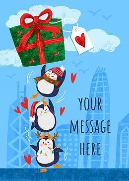 Box of Hope Christmas card featuring a trio of festive penguins stacked atop each other holding a large holiday gift.
