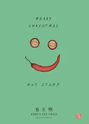 Minimalist Christmas Card by Food For The Soul - illustration featuring a smiling face made of a bird's eye chili and sliced tomatoes on a light green background, with the text "MERRY CHRISTMAS" at the top
