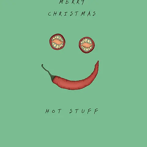 Minimalist Christmas Card by Food For The Soul - illustration featuring a smiling face made of a bird's eye chili and sliced tomatoes on a light green background, with the text "MERRY CHRISTMAS" at the top