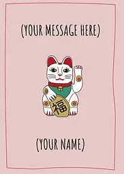 Charming Card by Graphik Recollection - Maneki-neko, symbolizing good luck and prosperity, with vibrant colors and intricate details, highlighted on pink background