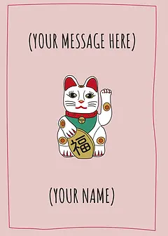 Charming Card by Graphik Recollection - Maneki-neko, symbolizing good luck and prosperity, with vibrant colors and intricate details, highlighted on pink background