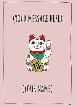 Charming Card by Graphik Recollection - Maneki-neko, symbolizing good luck and prosperity, with vibrant colors and intricate details, highlighted on pink background