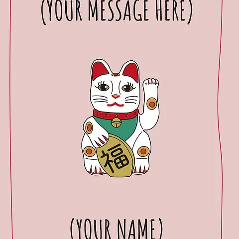 Charming Card by Graphik Recollection - Maneki-neko, symbolizing good luck and prosperity, with vibrant colors and intricate details, highlighted on pink background