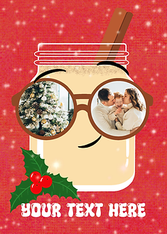 Christmas eggnog jar with sunglasses, cinnamon stick, and holly, by Crazy Ideas That Work on a sparkly red background.