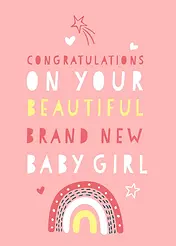 Whimsical New Baby Card design by Biscuitmoon Designs - Welcoming a new baby girl with cheerful colors and graphics