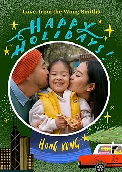 Joyful Christmas Card by Erin Hung Studio - Showcasing the message "HAPPY HOLIDAYS!" in a playful font, surrounded by stars and depicting a taxi alongside the iconic Hong Kong skyline