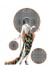 Whimsical Card by Katie Lee Studios - Displays a fashionable figure with a bird head, elegantly posed with a flower, set against contrasting graphic designs