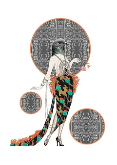 Whimsical Card by Katie Lee Studios - Displays a fashionable figure with a bird head, elegantly posed with a flower, set against contrasting graphic designs