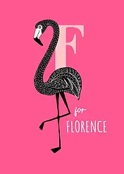 Playful Card by Little Sketch Studio - Illustrates a whimsical flamingo beside a bold pink "F," situated against a lively pink backdrop