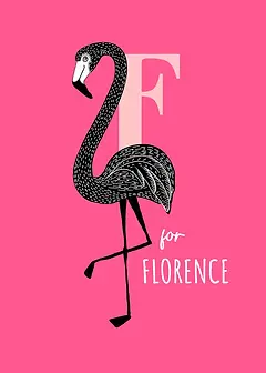 Playful Card by Little Sketch Studio - Illustrates a whimsical flamingo beside a bold pink "F," situated against a lively pink backdrop