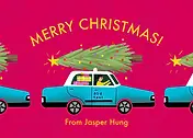 Cheerful Christmas Card by Erin Hung Studio - Featuring a blue taxi with a Christmas tree on top, decorated with colorful ornaments, and the message "MERRY CHRISTMAS!" in bold letters against a pink background.