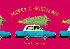 Cheerful Christmas Card by Erin Hung Studio - Featuring a blue taxi with a Christmas tree on top, decorated with colorful ornaments, and the message "MERRY CHRISTMAS!" in bold letters against a pink background.