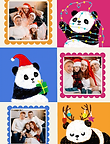 Christmas Panda photo card by Artist Aarti featuring three blank frames and illustrations of pandas with holiday decor.