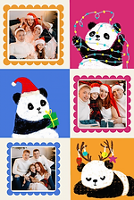 Christmas Panda photo card by Artist Aarti featuring three blank frames and illustrations of pandas with holiday decor.