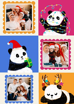 Christmas Panda photo card by Artist Aarti featuring three blank frames and illustrations of pandas with holiday decor.