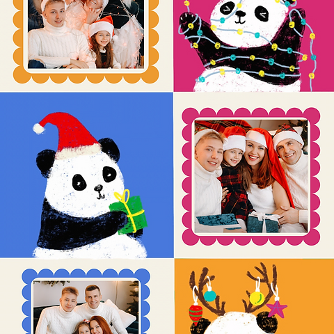 Christmas Panda photo card by Artist Aarti featuring three blank frames and illustrations of pandas with holiday decor.
