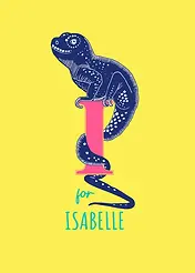 Playful Card by Little Sketch Studio - Illustrates an amusing lizard on a prominent pink "I,"situated against a bright yellow backdrop