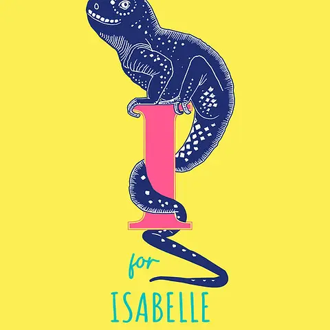 Playful Card by Little Sketch Studio - Illustrates an amusing lizard on a prominent pink "I,"situated against a bright yellow backdrop