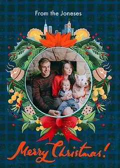 Cheerful Christmas Card by Erin Hung Studio - Featuring a circular placeholder surrounded by a wreath of greenery, flowers, and holiday treats, with a red bow at the bottom and the message "Merry Christmas!"