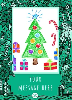 Child's drawing of a Christmas tree with gifts by Discovery Bay International School, set in a green griffin-themed border.