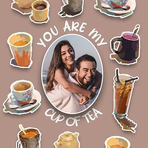Personalisable Whimsical Card by Sketcher Sid - illustrated drinks, such as tea, coffee, and iced beverages, featuring the phrase "YOU ARE MY CUP OF TEA"
