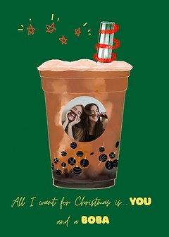 Christmas and Boba card by Artist Aarti featuring a milk tea cup with ornament boba, a festive straw, and holiday stars.