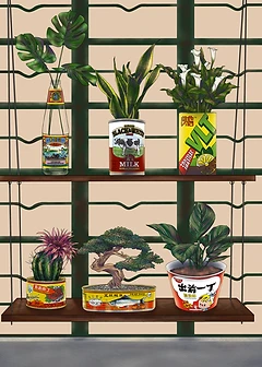 Charming Card by DWD - illustration showing a collection of plants in creatively repurposed containers, set against a simple backdrop, emphasizing the blend of nature and art