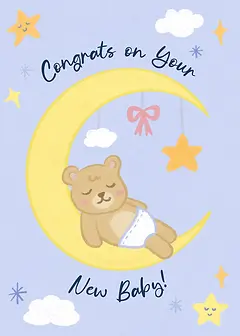 New baby card by Artisanu - illustration featuring a bear sleeping on a moon, with the text "congrats on your new baby"