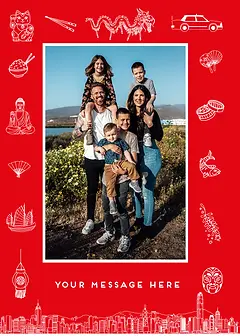 Customisable Card by Biscuitmoon Designs - Traditional Asian motifs like a dragon, Buddha, fans, and dumplings, centered around a customizable photo upload area