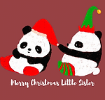 Cute Christmas panda greeting card by Artist Aarti featuring a panda in a Santa hat and an elf panda with a gift.