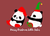 Cute Christmas panda greeting card by Artist Aarti featuring a panda in a Santa hat and an elf panda with a gift.