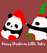 Cute Christmas panda greeting card by Artist Aarti featuring a panda in a Santa hat and an elf panda with a gift.
