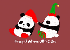Cute Christmas panda greeting card by Artist Aarti featuring a panda in a Santa hat and an elf panda with a gift.