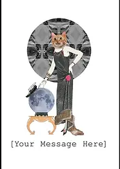 Customisable Whimsical Card by Katie Lee Studios - Displays a collaged image of a stylish woman (with a cat head) in a glittering dress, alongside a full moon atop an ornate table, set against a patterned backdrop